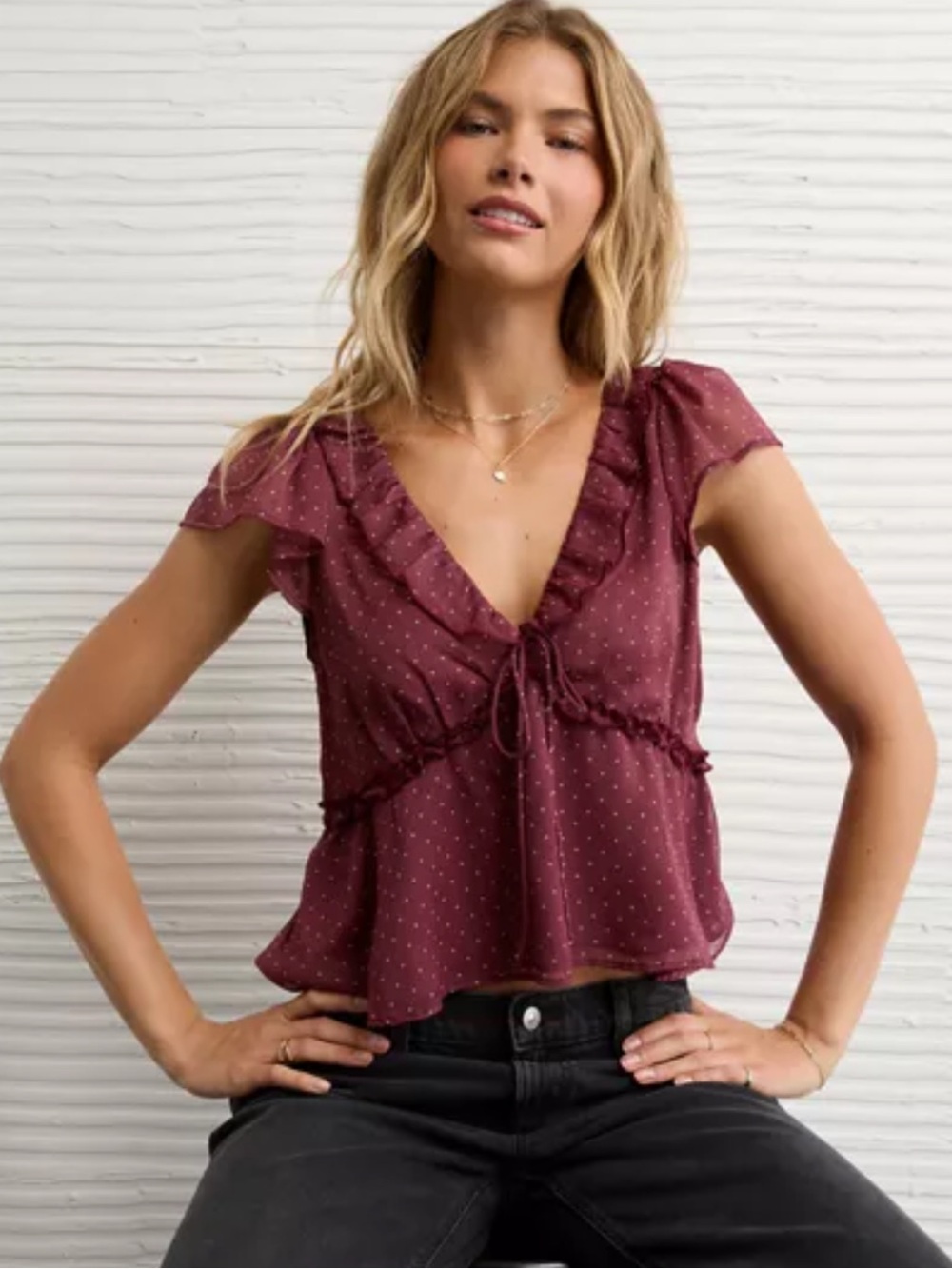 American Eagle V-Neck Chiffon Babydoll Red/Burgundy & White Polka Dot Blouse